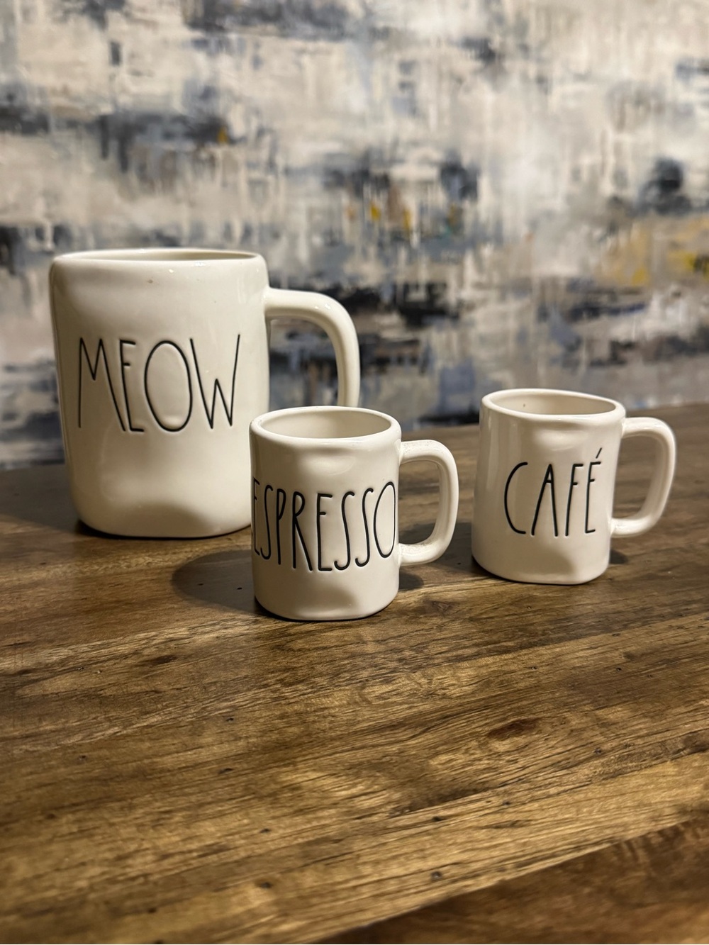 Rae Dunn White Ceramic MEOW / ESPRESSO / CAFÉ Mugs Cups BUNDLE of 3